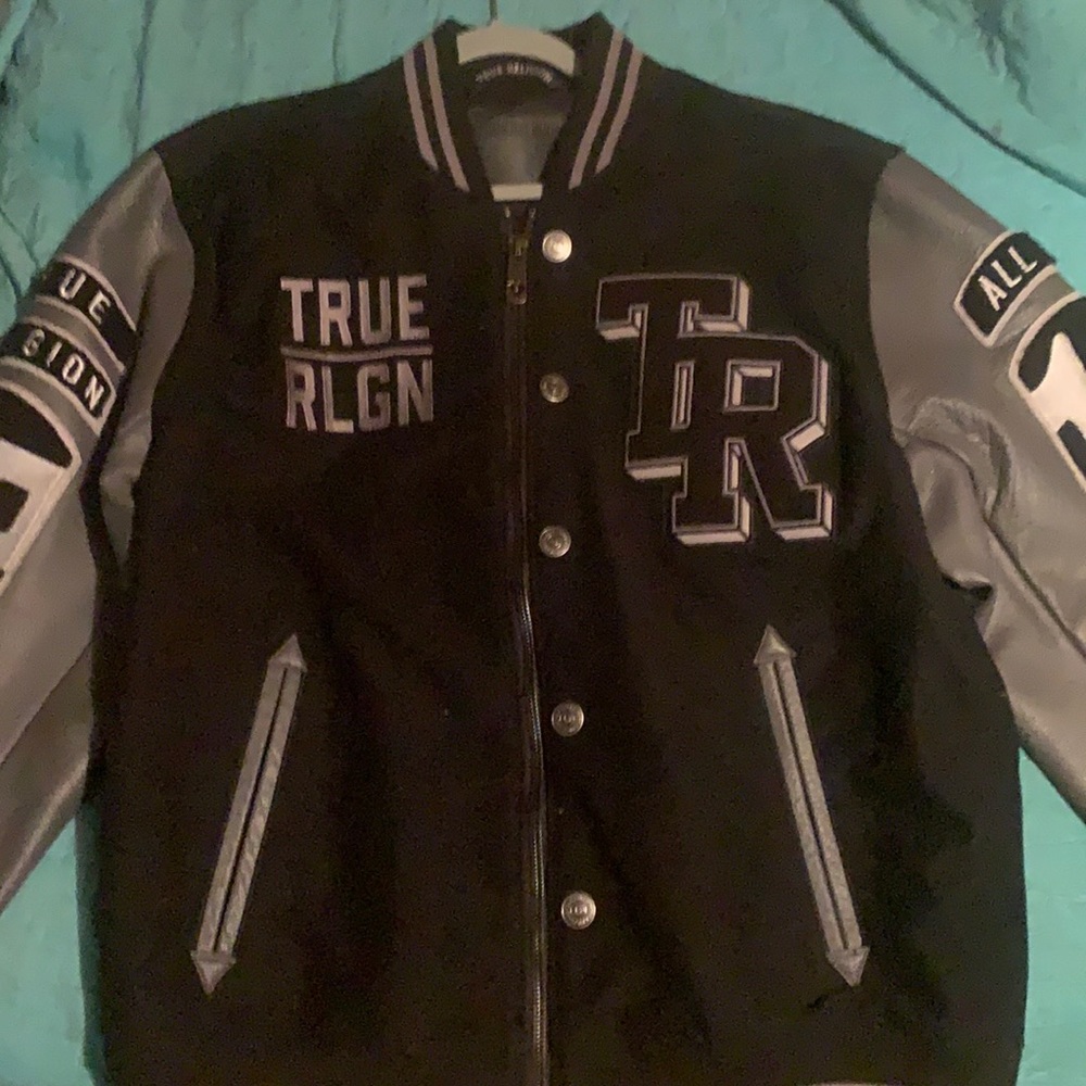 Letterman jacket/ wool & leather sleeves